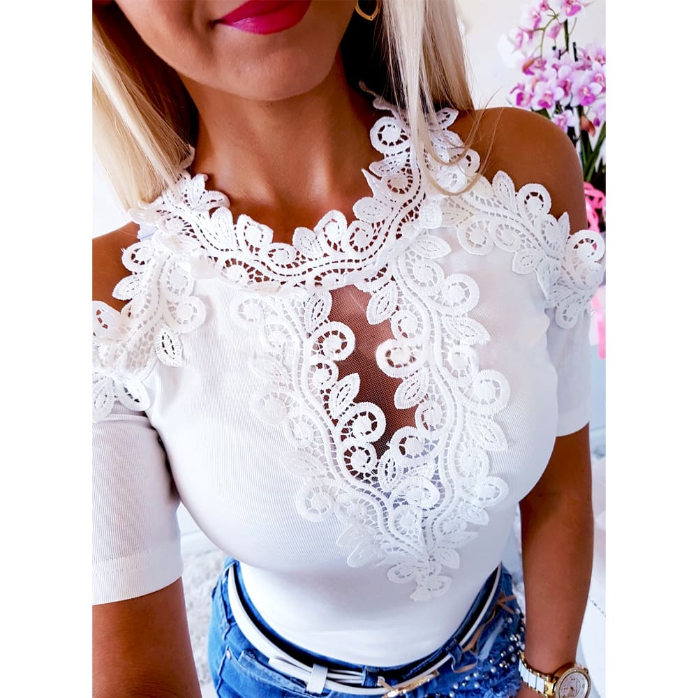 Women Cold Shoulder Shirt Tops New Fashion Ladies Short Sleeve Lace Hollow Out Summer Solid Casual Shirts Blouse