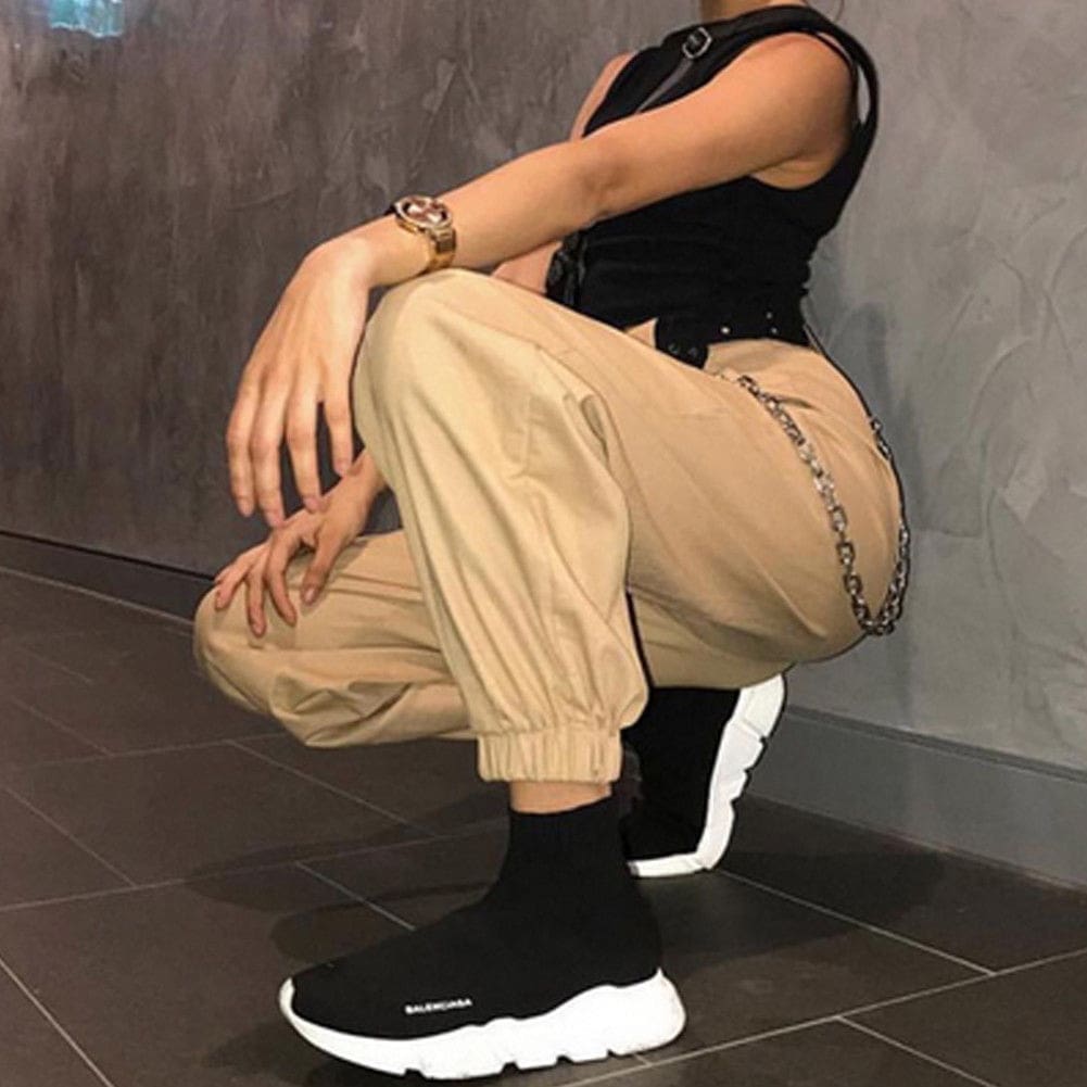 Fashion Women Casual Hip Hop Loose Visual Rock Chain Trousers Dance High Waist Cargo Pants Plus Size