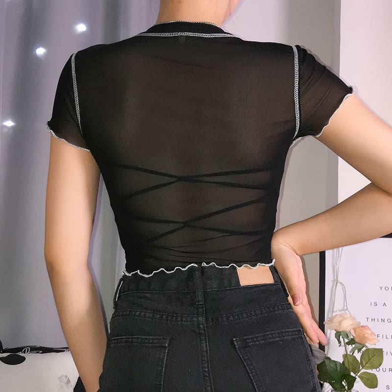 New Fashion Women Girls Mesh Sheer Crop Top Short Sleeve Summer Casual Slim Fit Transparent Stretchy T-Shirt Tops