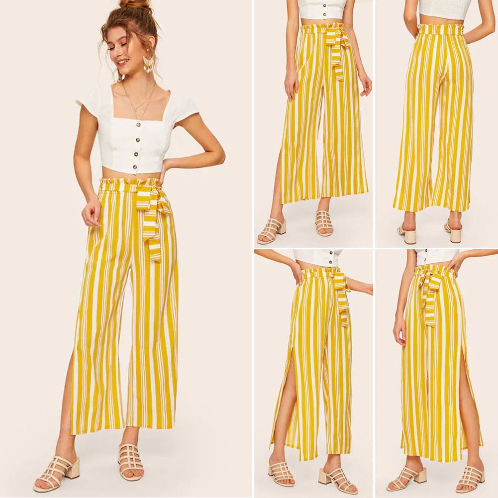 Women Loose Stripe Slit Boho Beach Harem Wide Leg Casual Pants Ladies Fashion High Waist Palazzo Trousers