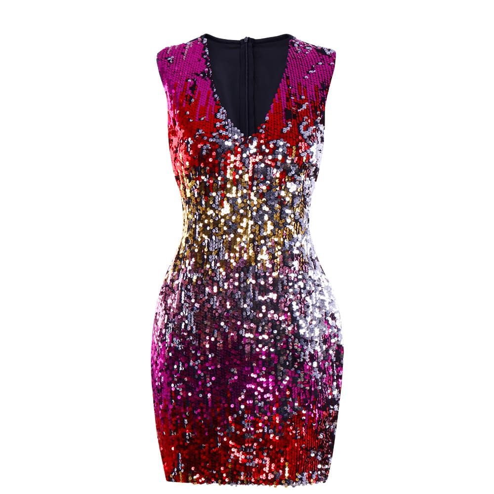 Fashion Women Summer Sleeveless V-Neck Bodycon Sequin Party Short Mini Dress Ladies High Waist New Sexy Party Dress