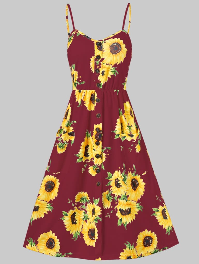 Sunflower Printing Button Up A Line Off Shoulder Sleeveless Dress