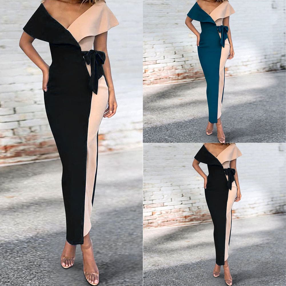 Fashion Women Sexy Deep V-Neck Splicing Prom Evening Party Elegant Ladies Summer Bodycon Casual Long Dress Plus Size