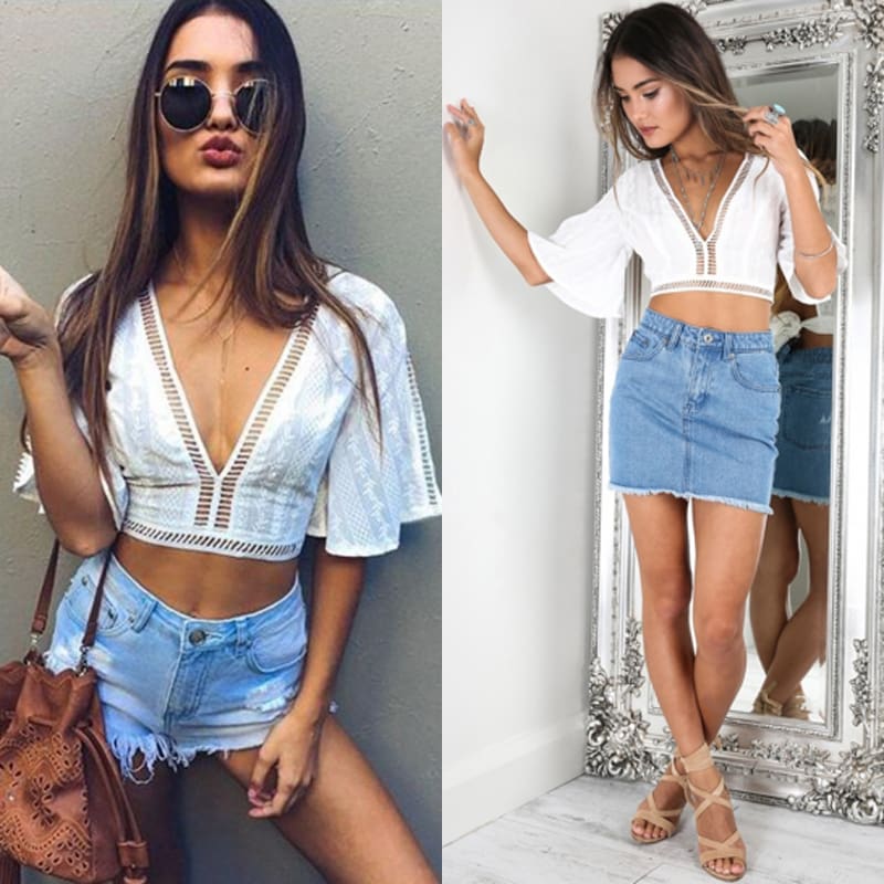 New Women Ladies Loose V-Neck Pullover Crop Tops Summer Sexy Frill Bralet Boobtube Top Party Blouse Casual