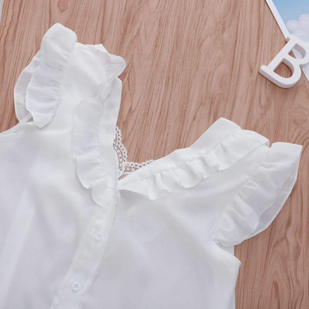 Summer Fashion V-Neck Chiffon Women Casual Loose Blouse New Ladies Sleeveless Lace White Tops Shirt