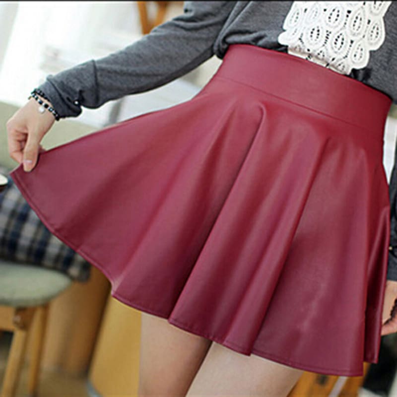 Women Slim PU Skirt High Waist Short Mini Skirt Pleated Party Faux Leather Skirts