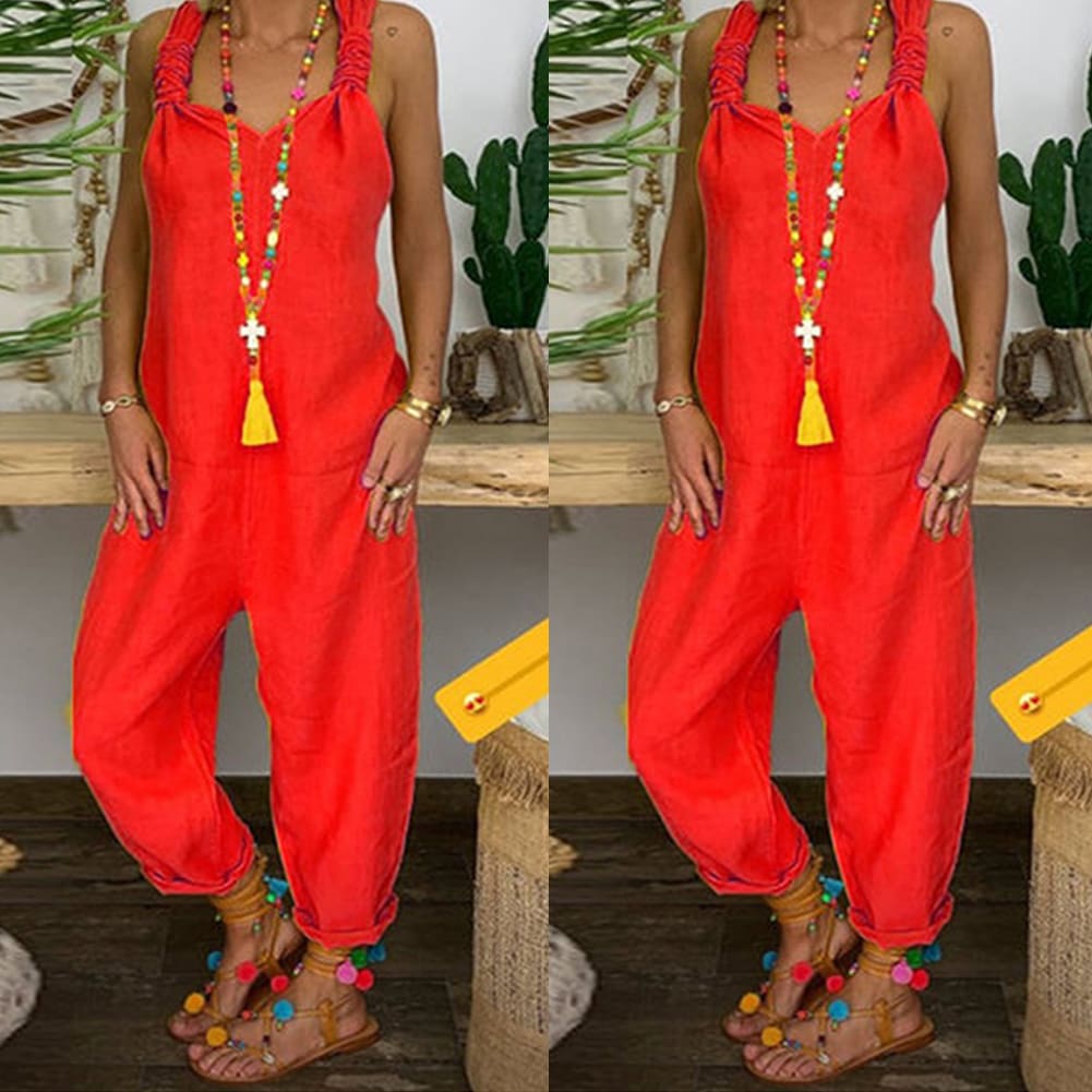 Womens Beach Sleeveless Dungarees Harem Strap Bohemian Holiday Long Pant Casual Loose Jumpsuit Baggy Trousers Overalls