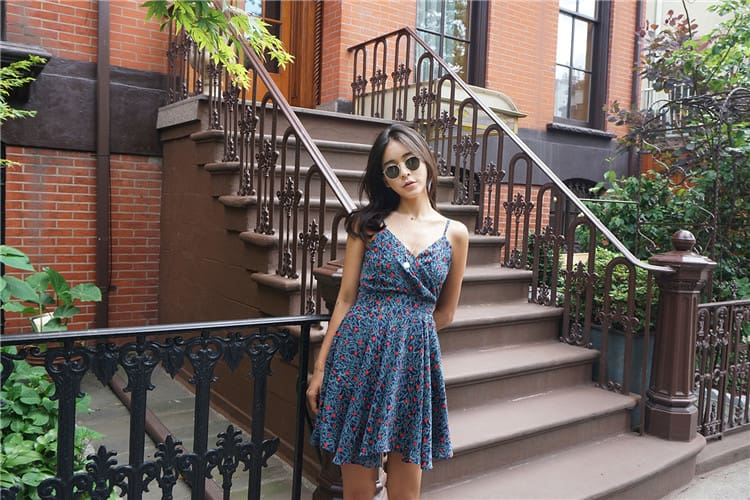 Chiffon V-neck Dress Print Vintage Mini A-Line Slip Strap Dresses