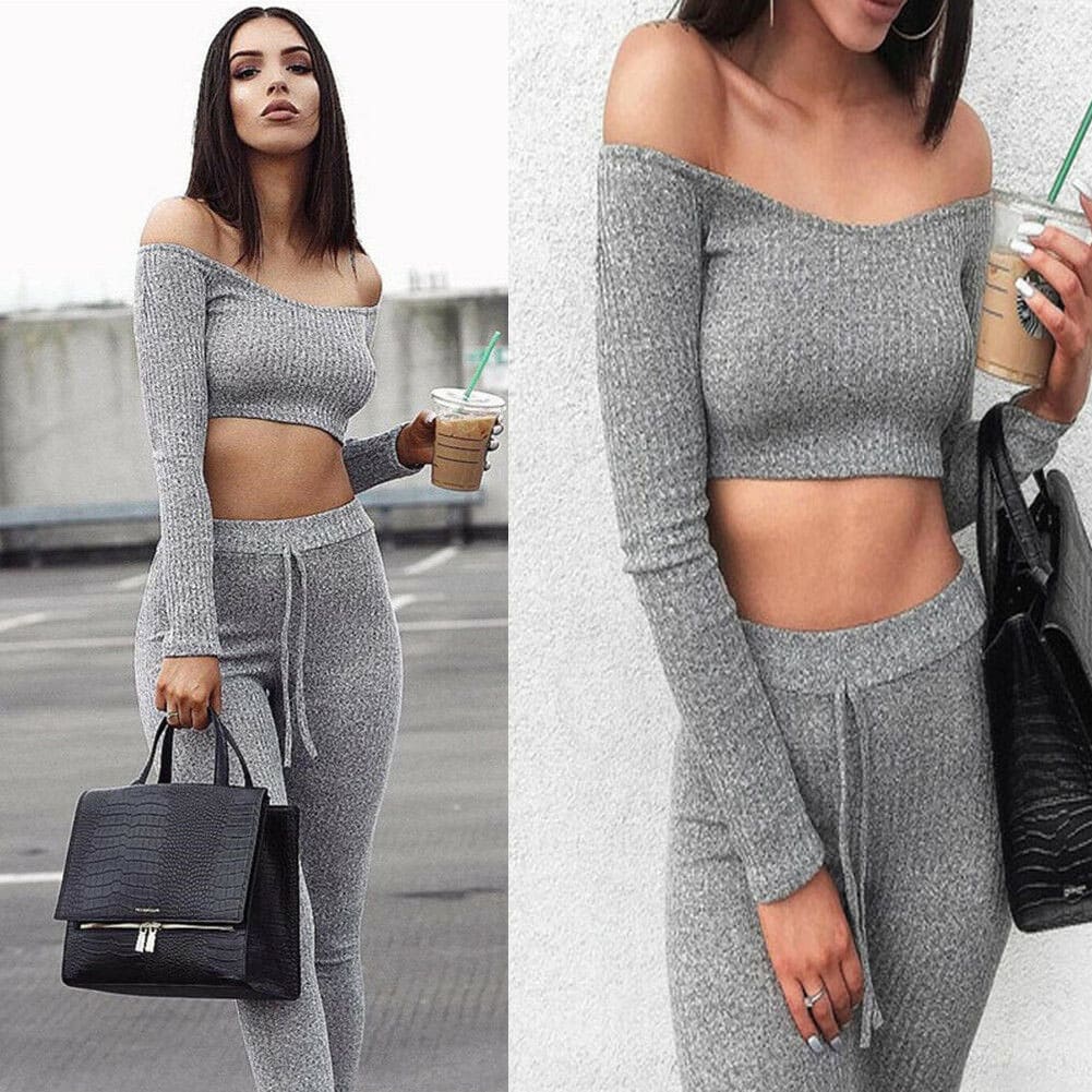 Two Piece Outfit Women Tracksuit Off Shoulder Long Sleeve Crop Top Pencil Pants Leggings Set Bodycon Slim Casual Sport Suit