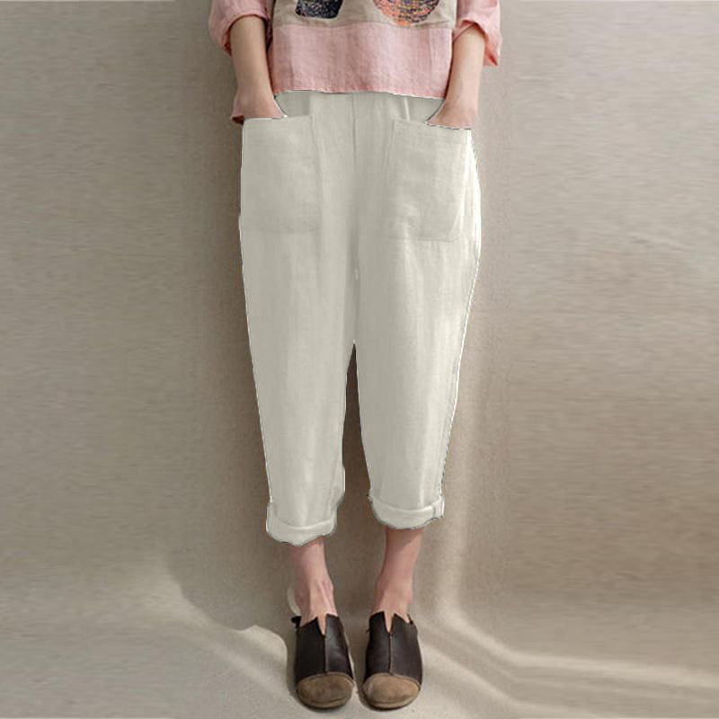 New Women Ladies Casual Loose High Waist Long Pants Linen Cotton Elastic Trouser Female Summer Casual Loose Trouser