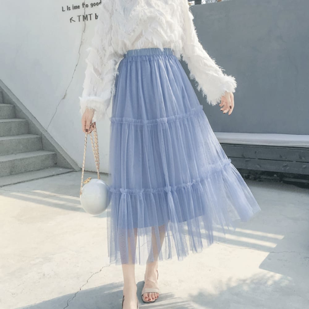 Summer Women Elastic Mesh Tulle Pleated Skirt Ladies Casual Holiday A-Line High Waist Solid Long Maxi Skirt