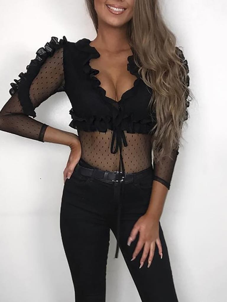 Women Ladies See Through Lace Mesh Sheer Long Sleeve V-Neck Crop Top Casual Summer Solid Shirt Blouse Tee