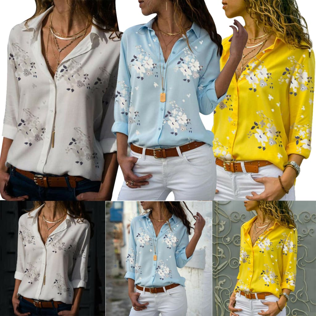 Plus Size Womens Summer Floral Long Sleeve Button V-Neck Shirts Ladies Casual Loose Office Work Blouse Tops