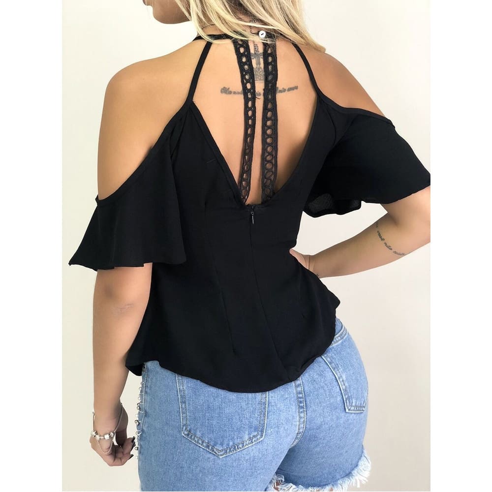 Women Ladies Off Shoulder V-Neck Chiffon Tops Fashion Summer Strappy Blouse Shirt Loose Casual Shirts