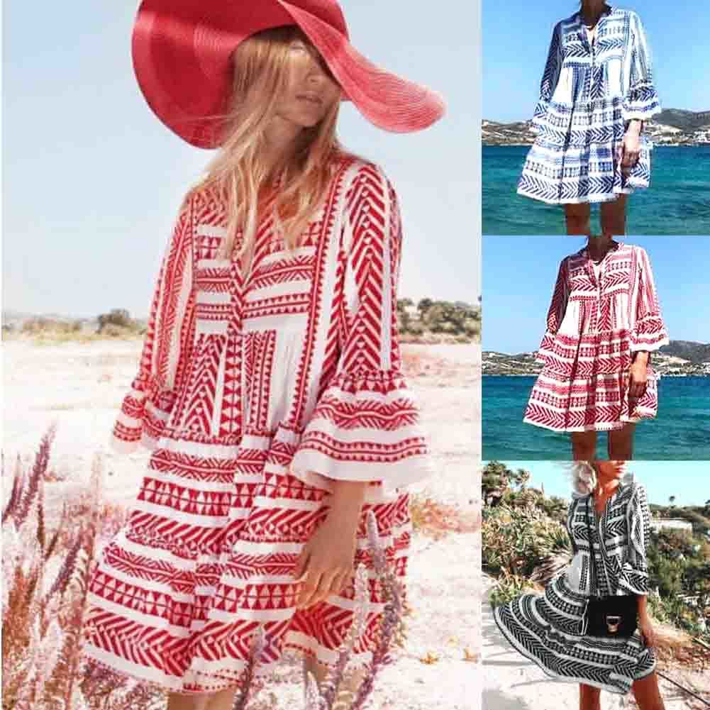 New Ladies Women Fashion Boho Summer Smock Swing Dress Tops Holiday Beach Casual V Neck Loose Frill Sundress