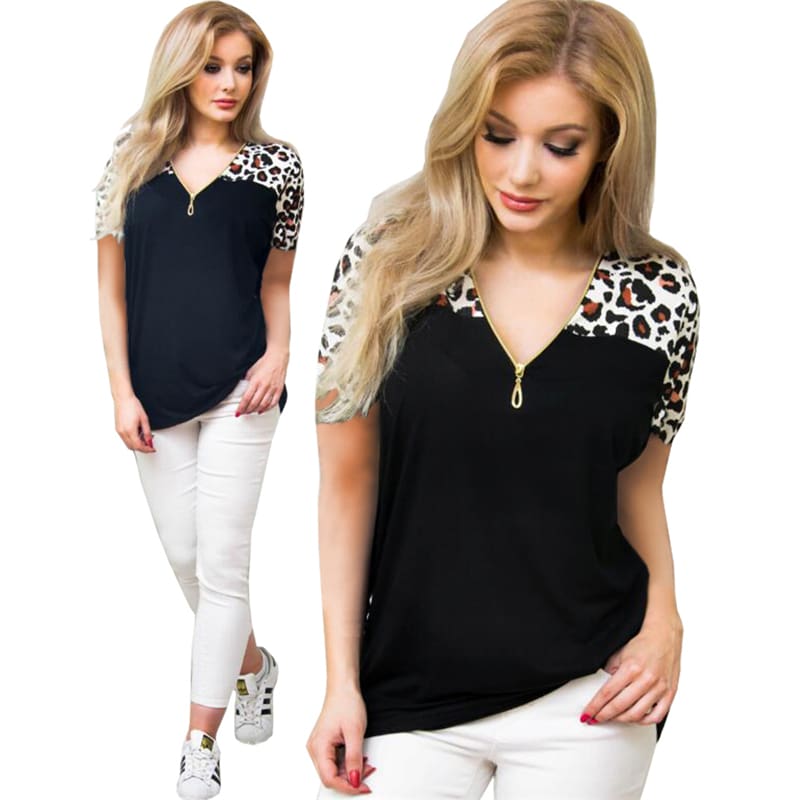 Women Ladies Summer Loose Top Short Sleeve Leopard Zipper Casual V-Neck Tops T-Shirt