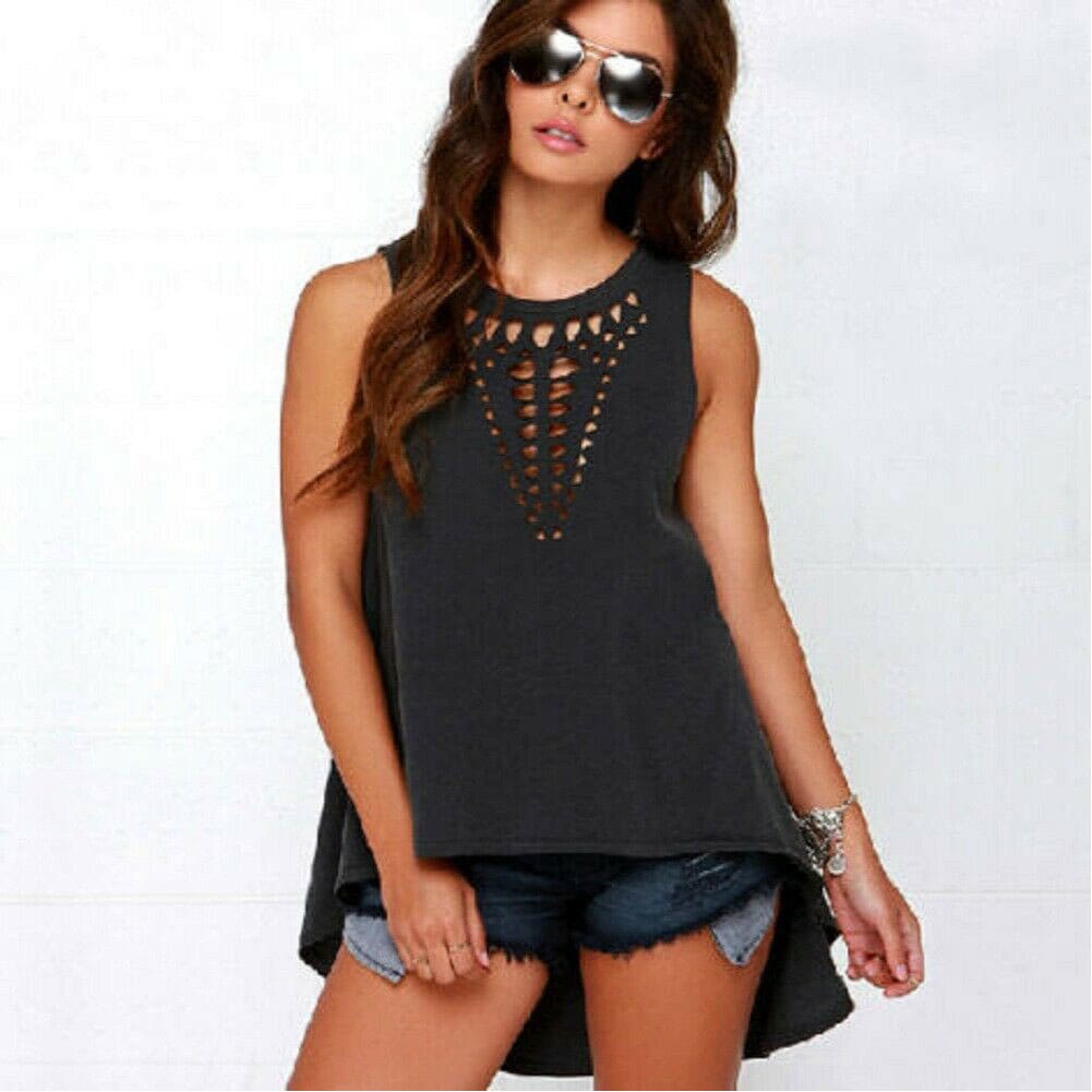 New Women Ladies Black Hollow Out Sleeveless T-Shirts Solid Tops Summer Loose T-Shirts Plus Size