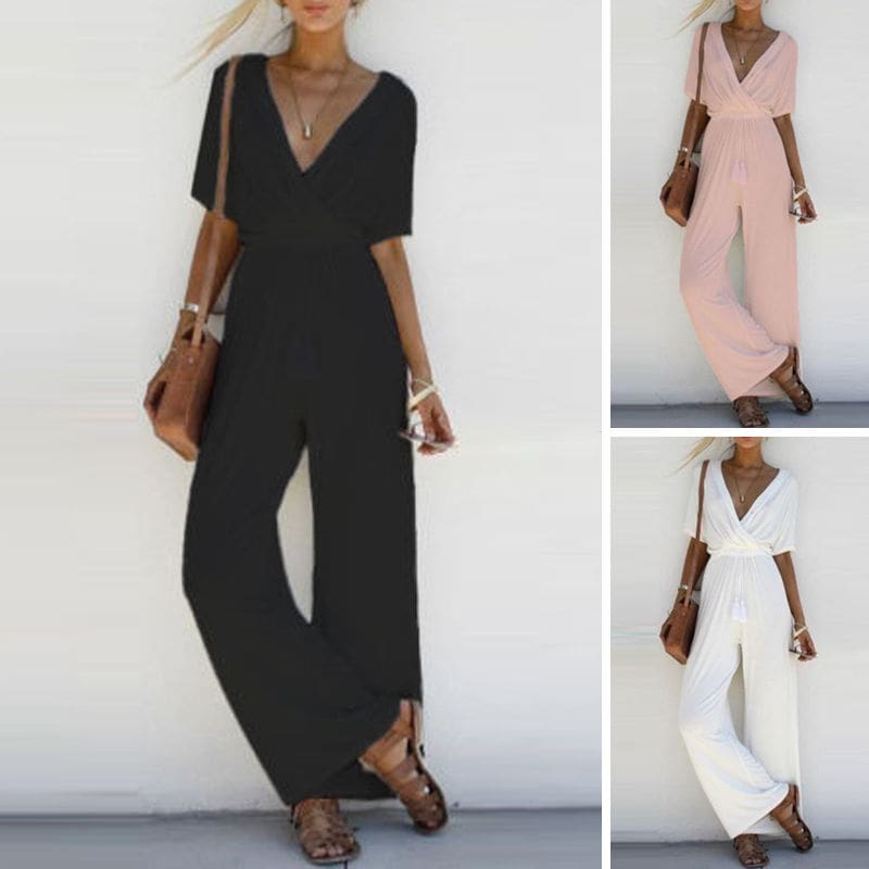 New Fashion Summer Casual Women V Neck Loose Playsuit Party Ladies Romper Solid Short Sleeve V Neck Long Jumpsuit