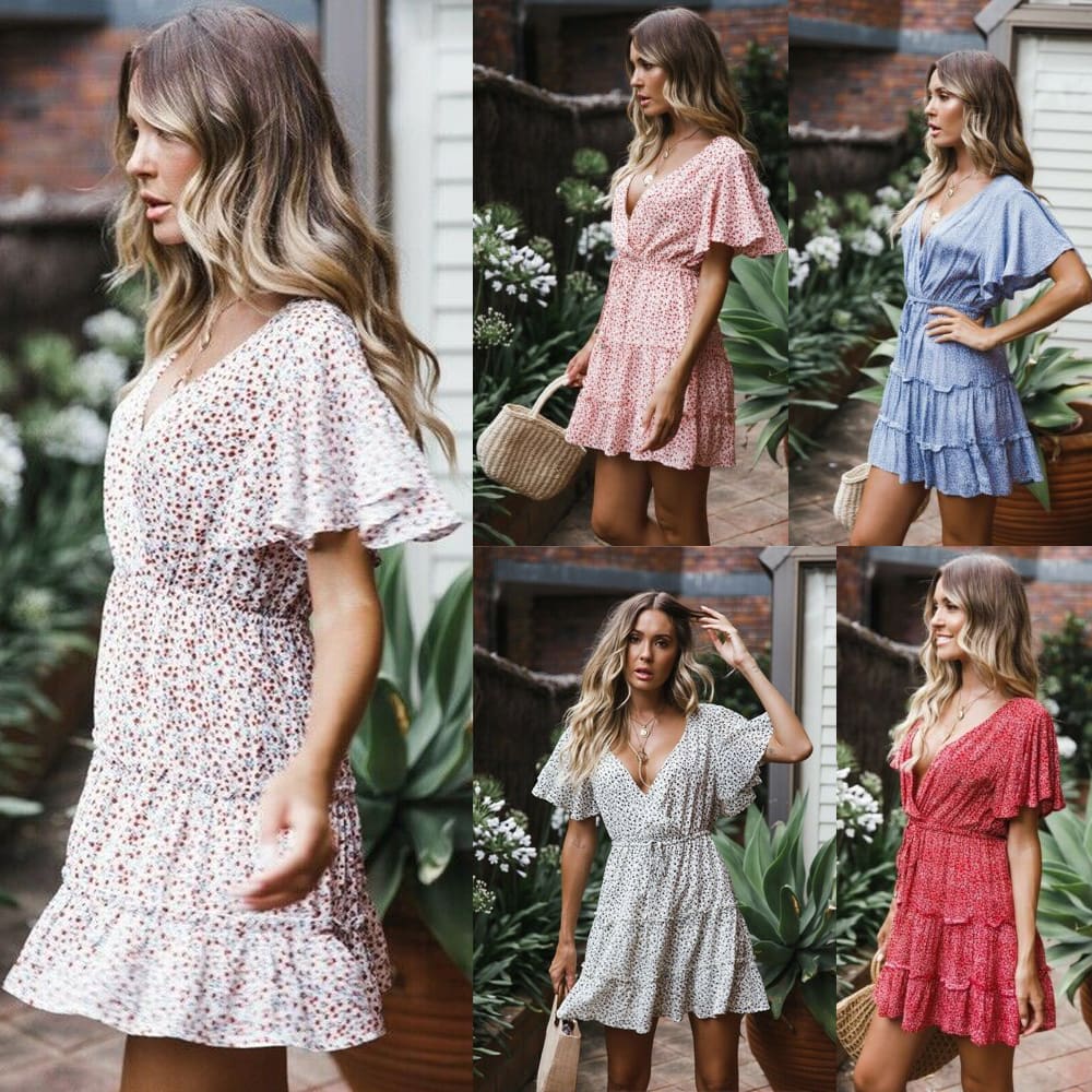 Womens Boho Floral Short Sleeve Dress Ladies Summer Party Beach V-Neck Casual Short Mini Dress Sundress