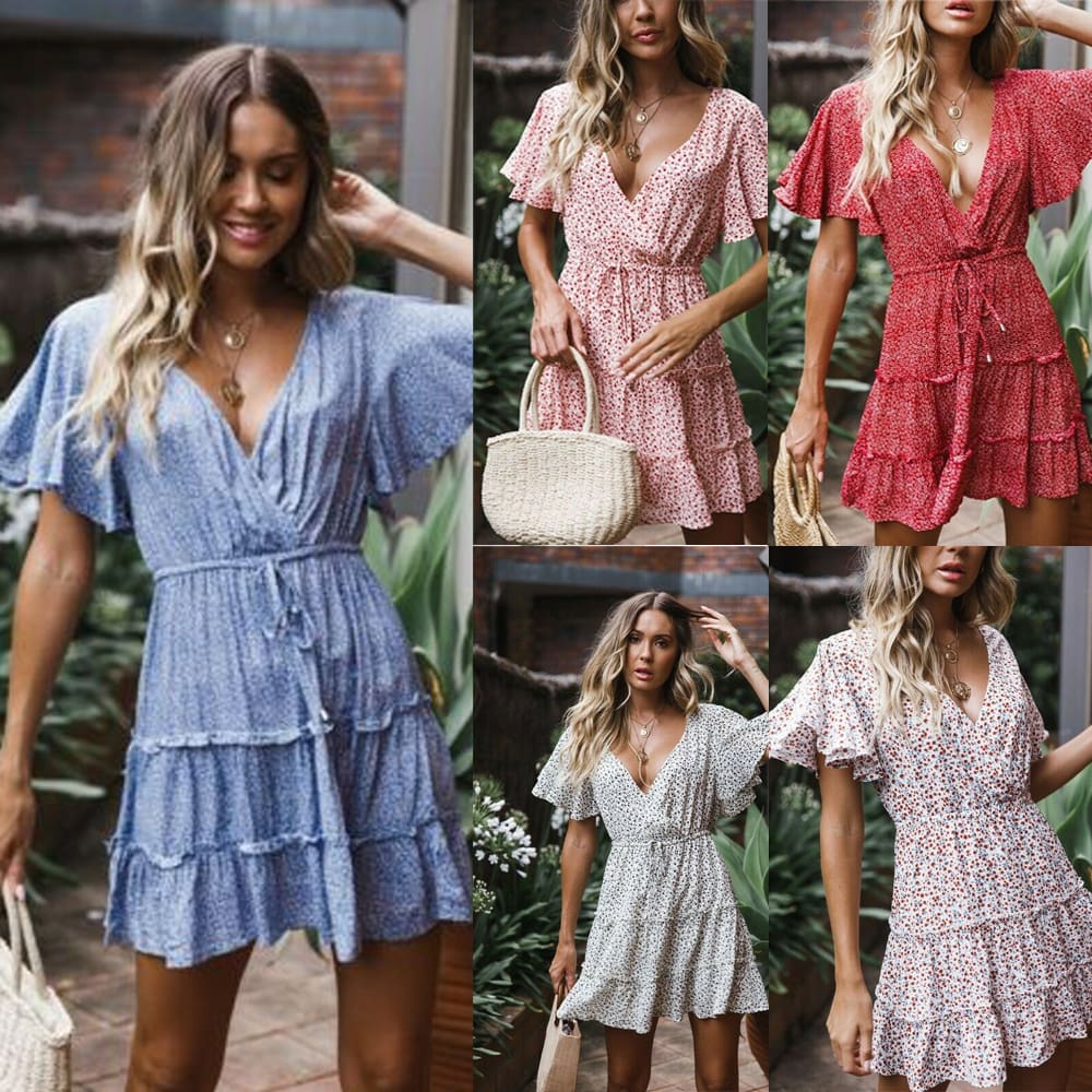 Womens Boho Floral Short Sleeve Dress Ladies Summer Party Beach V-Neck Casual Short Mini Dress Sundress