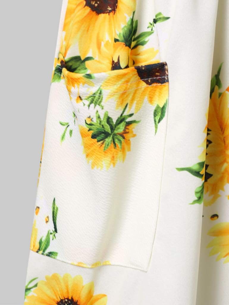 Sunflower Printing Button Up A Line Off Shoulder Sleeveless Dress