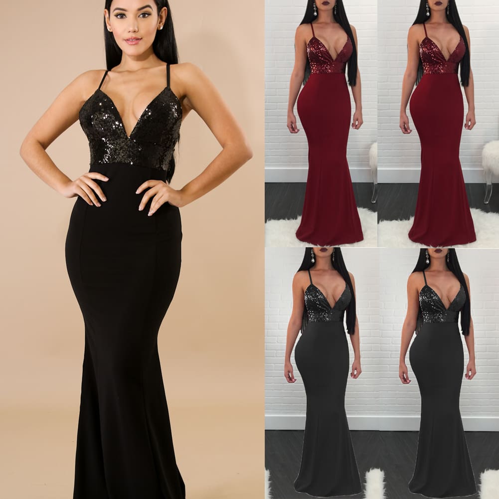 New Women Formal Prom Long Sequin Dress V-Neck Sleeveless Bodycon SunDress Party Cocktail Long Slim Dress