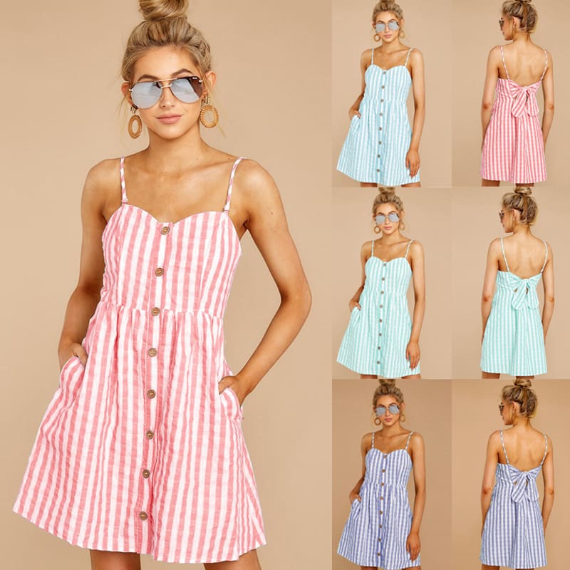 Women Strappy Off Shoulder Striped Bow Open Back Short Mini Dress