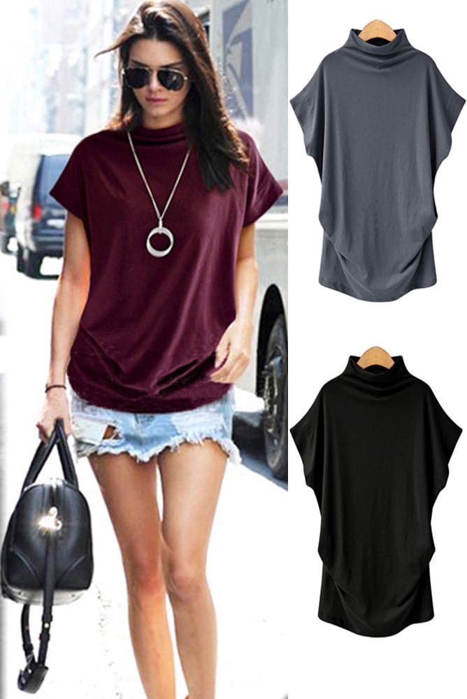 Women Casual Summer T Shirt Short Batwing Sleeve Loose Tops Solid Black Gray Turtleneck Tee Shirt T-Shirts Ladies Tees Tops