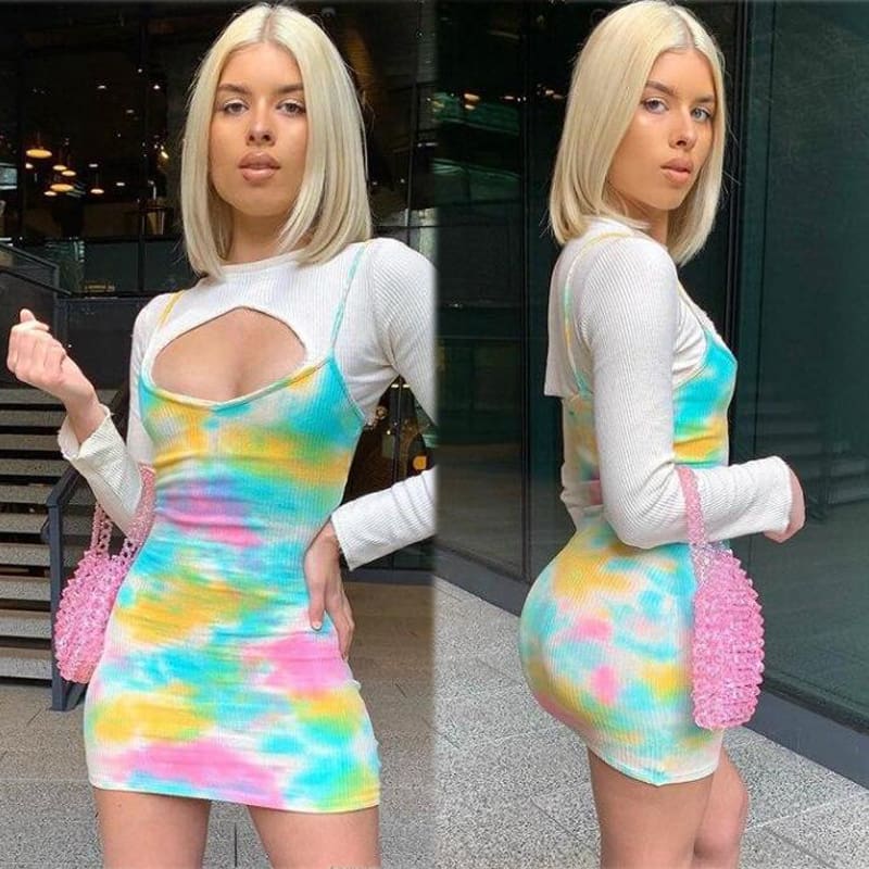 Women Fashion Tie Dye Dress Casual Holiday Summer Sleeveless Bodycon Beach Slim Short Mini Dresses Sundress