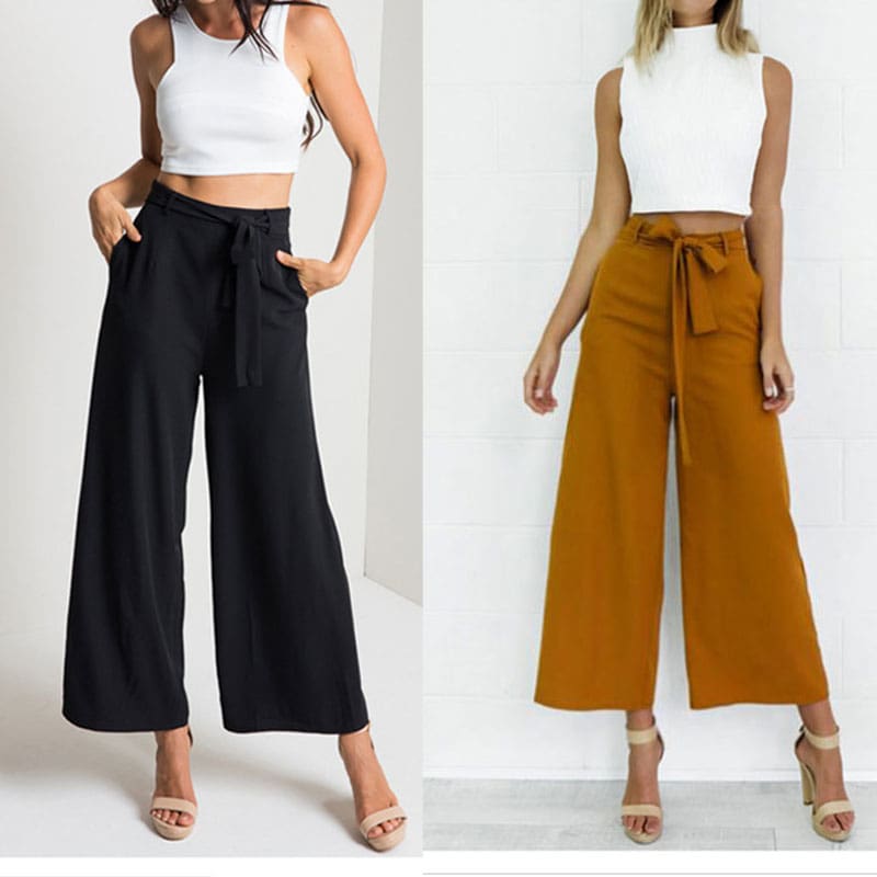 Women High Waist Flared Wide Leg Long Pants OL Ladies Workout Casual Solid Palazzo Long Loose Trousers Summer Clothes