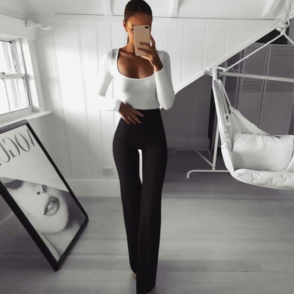 Summer Autumn Solid Elegant Female Lady Womens Palazzo Flared Wide Killer Legs Pants High Waist OL Ladies Career Long Trousers