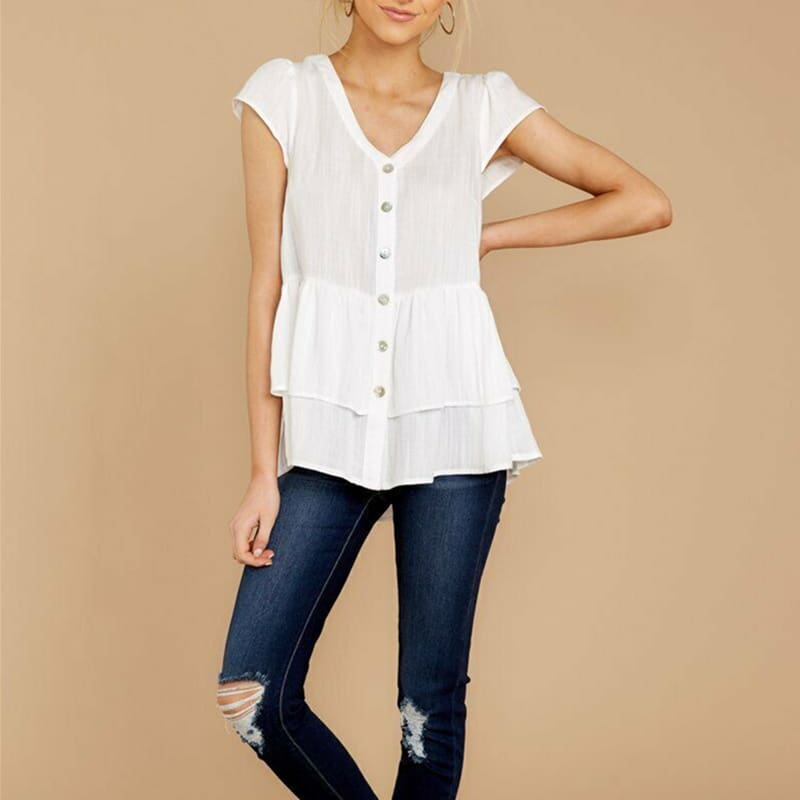 Summer Women Ladies Fashion V-neck Short Sleeve Tops Casual Loose Cotton Button Blouse Tops V-Neck Solid New Tops