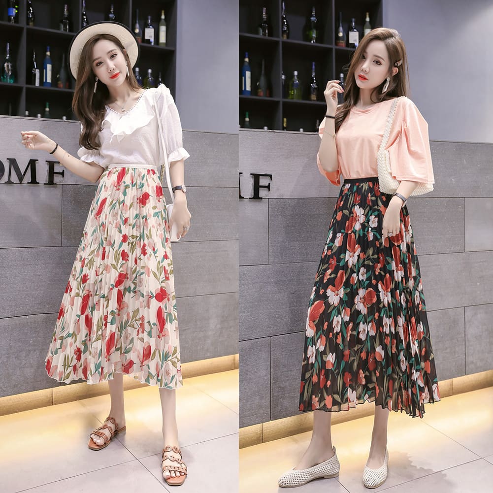 2019 Fashion Women Floral Pleated Boho Midi Skirt High Waist Ladies Casual Summer Party Cocktail Wrap Skirt Sundress