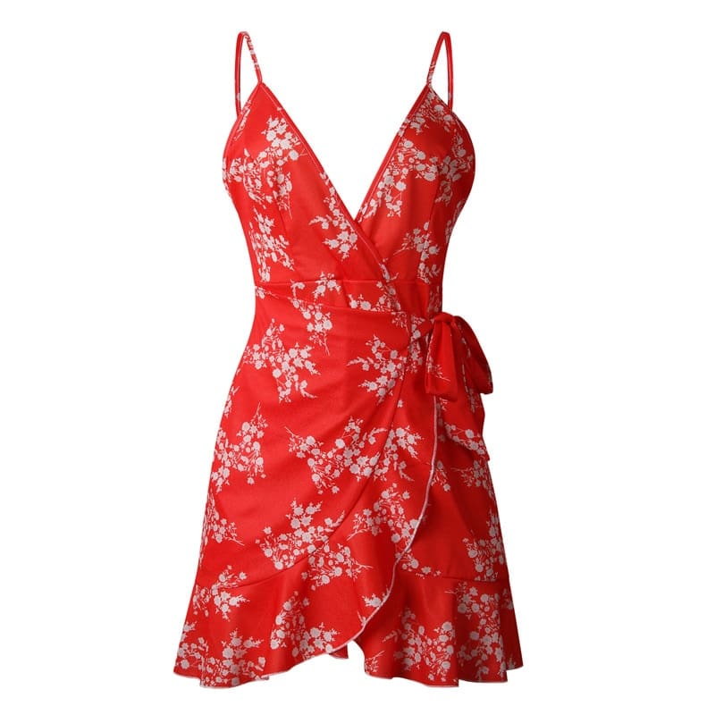 Print Ruffled Wrap Dress Women Strap Mini Sundress