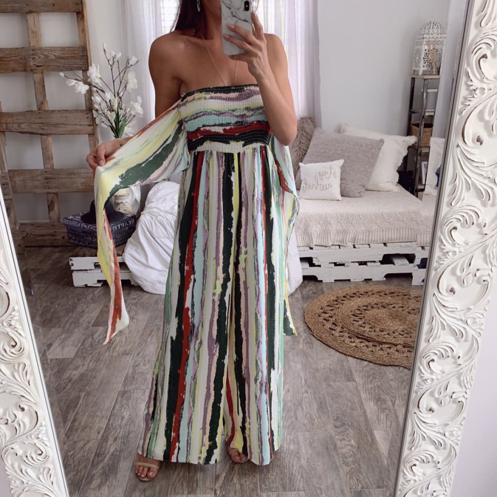 Fashion Women Sleeveless Loose Wide Leg Jumpsuit Overalls Summer Holiday Stripes Bandeau Casual Trousers Romper