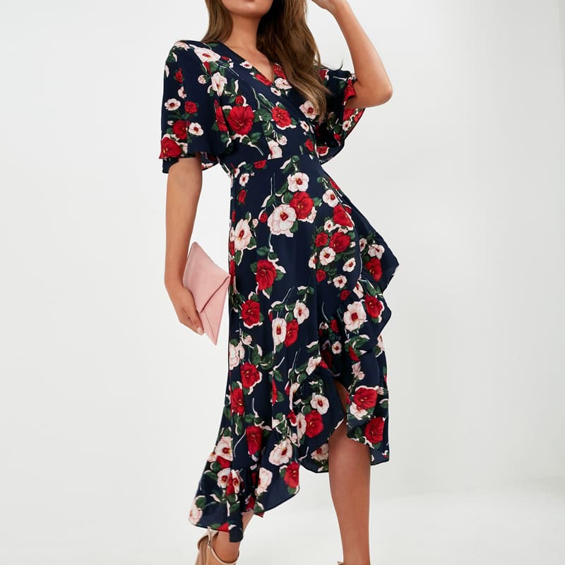 New Boho Women V Neck Floral Slit Dress Holiday Ladies Casual Short Sleeve Summer Long Maxi Wrap Sundress