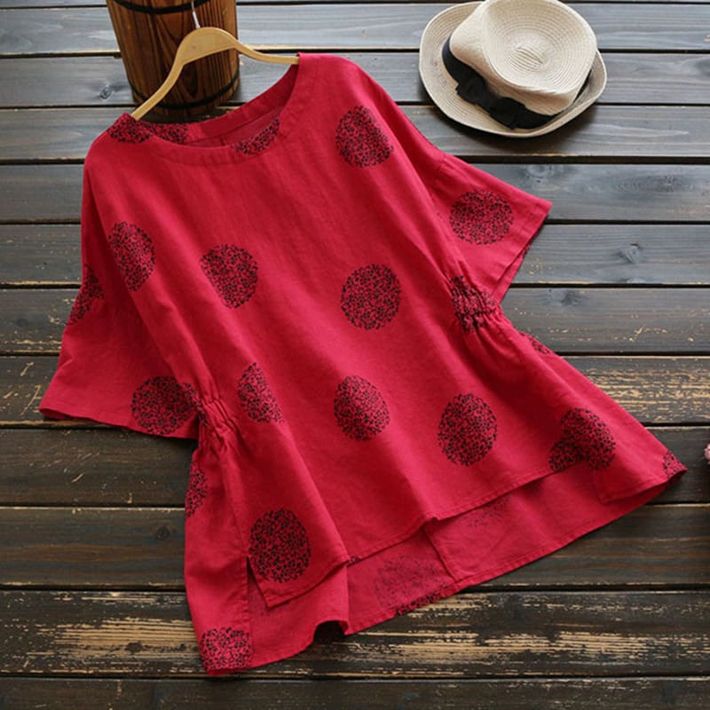 New Women Casual Summer Floral Vintage Round Neck Shirt Fashion Short Sleeve Coin Dots Loose Cotton T-Shirt