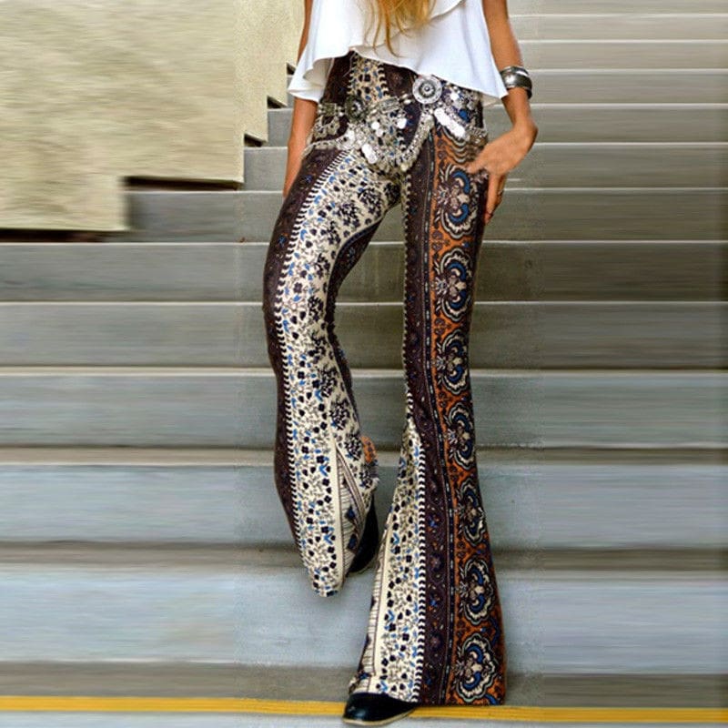 Women Boho Hippie High Waist Loose Wide Leg Flared Bell Bottom Fashion Ladies Floral Long Pant Summer Trouser