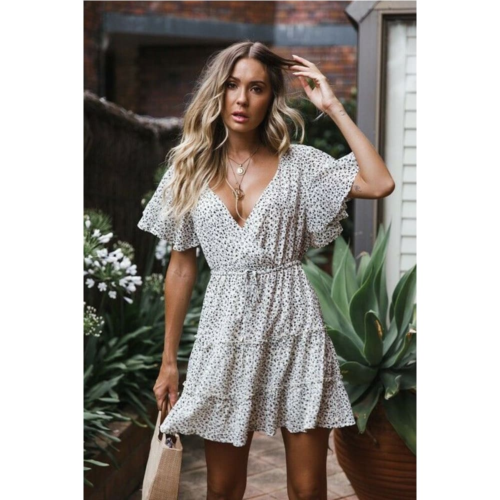 Womens Boho Floral Short Sleeve Dress Ladies Summer Party Beach V-Neck Casual Short Mini Dress Sundress