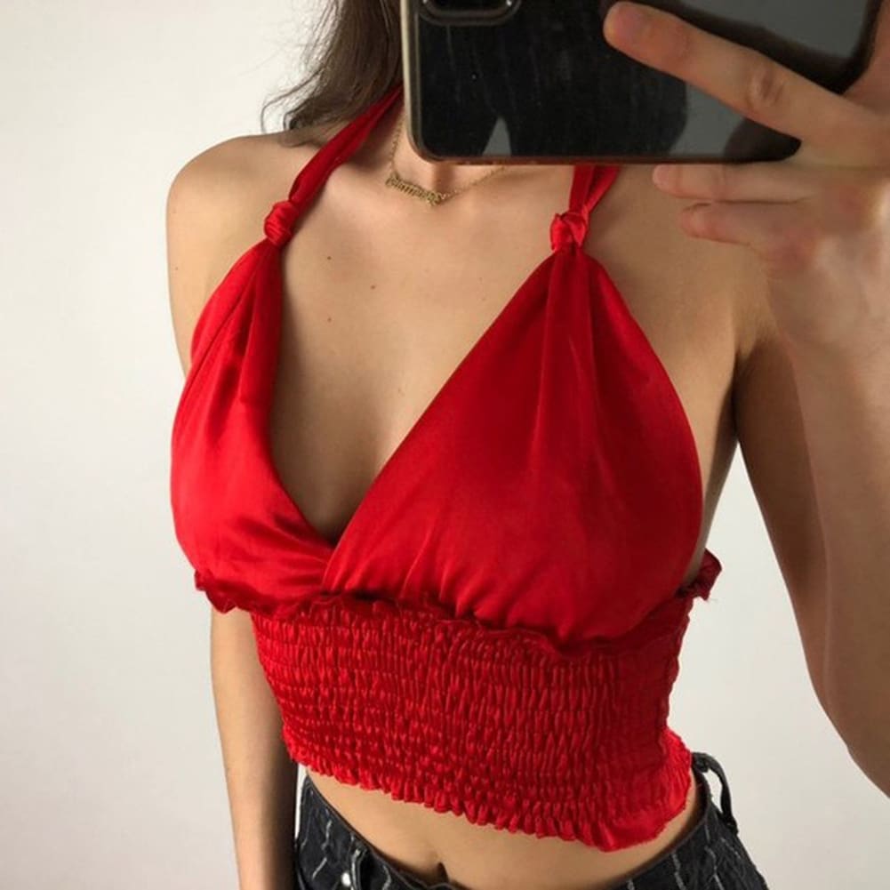 Women Sexy Shrinkage Pleated Backless Nightclub Crop Top Ladies Summer Beach Casual Tank Vest Blouse Women Clothes