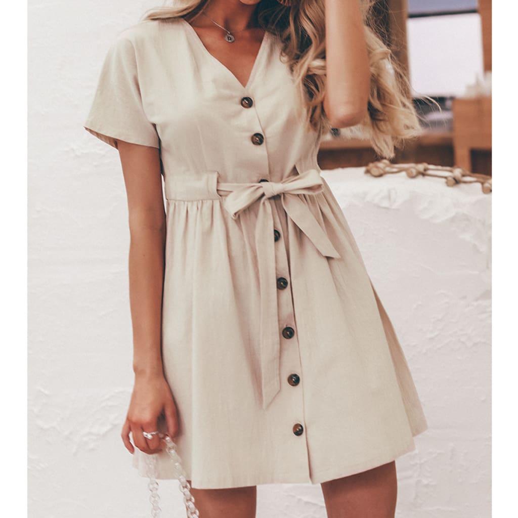 Fashion Women Boho Cotton Linen Sundress Ladies Summer Short Sleeve Holiday Beach Button Loose Solid Short Dress