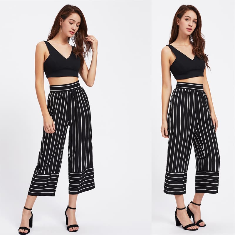 New Summer Women Casual High Waist Bandage Pants Fashion Ladies Striped Wide Leg Loose Long Pants Trousers