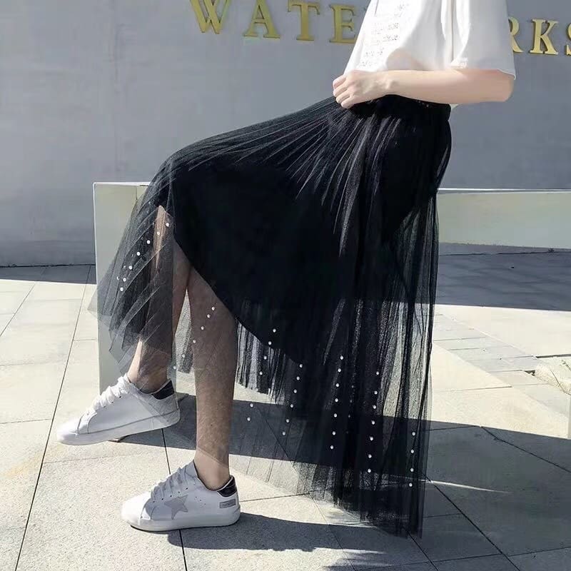 Women Lady A-line Tutu Elastic Waist Mesh Long Maxi Skirts Party Three Layer Chiffon Pleated Retro Lace Skirt