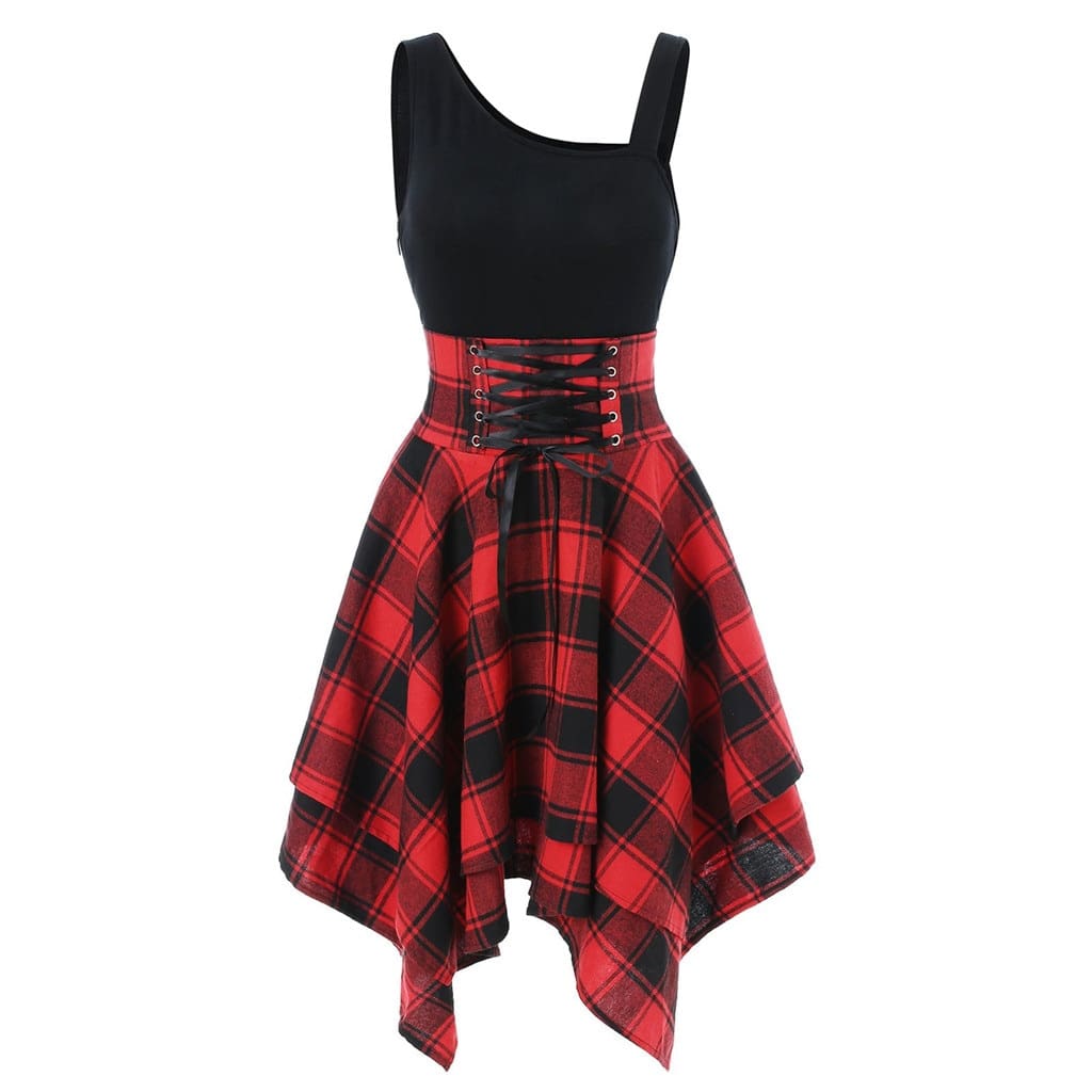 Women Sleeveless Cold Shoulder Cross Lace Up Plaid Asymmetrical Dress