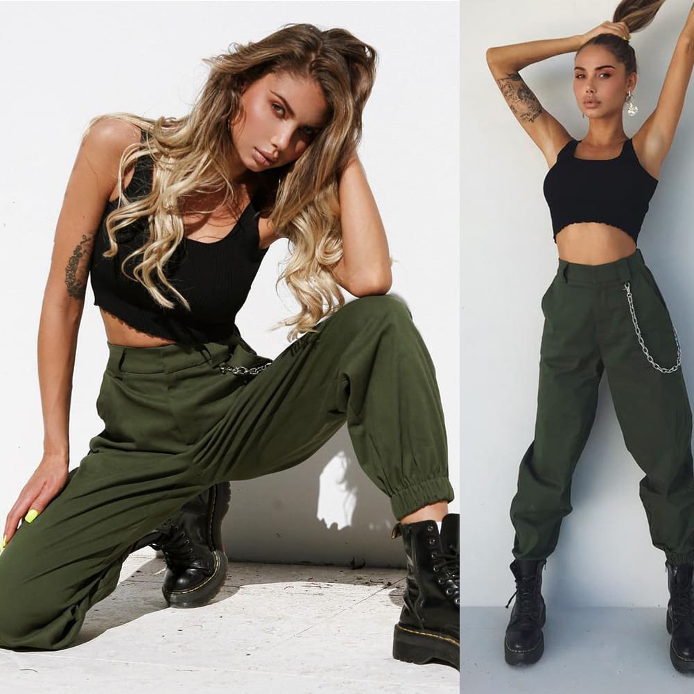 Stretch Waist Military Army Camouflage Camo Cargo Trousers Casual Harem Hip Hop Pants With Chain