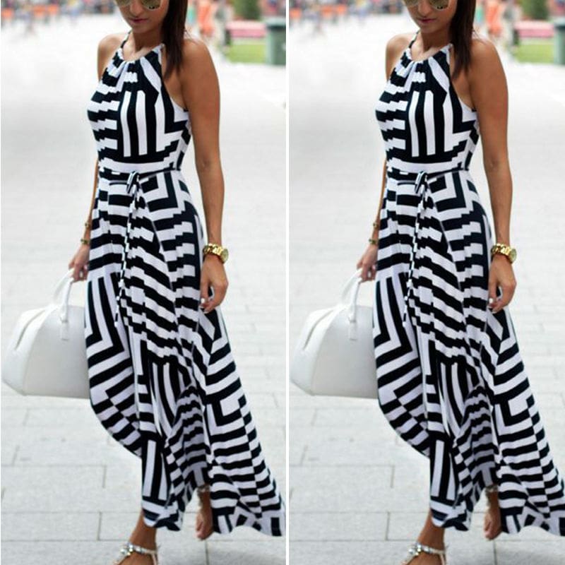 Women Ladies Maxi Boho Floral Long Dress Casual Summer Beach Long Dress Striped Sleeveless High Waist Dress New arrival Sundress