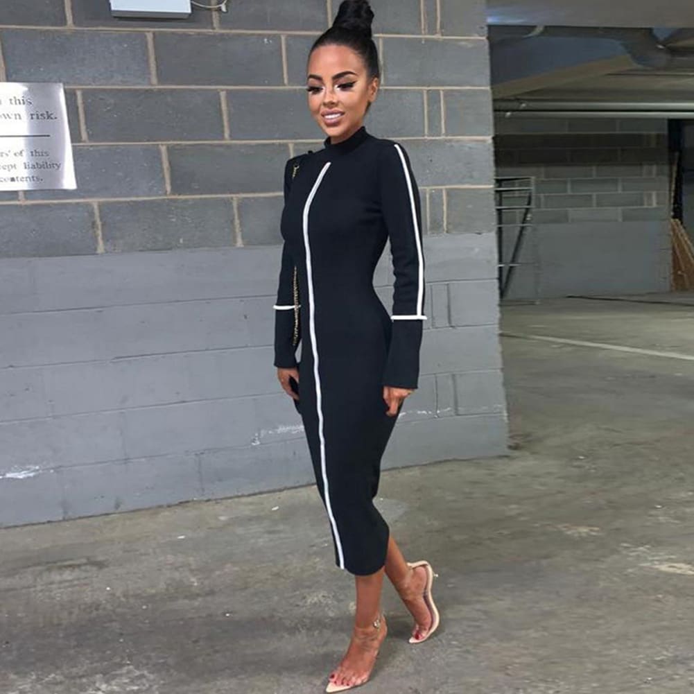 Fashion Women Contrast Color Long Sleeve Temperament Fitness Summer Long Sleeve Bodycon Stretch Pencil Dress