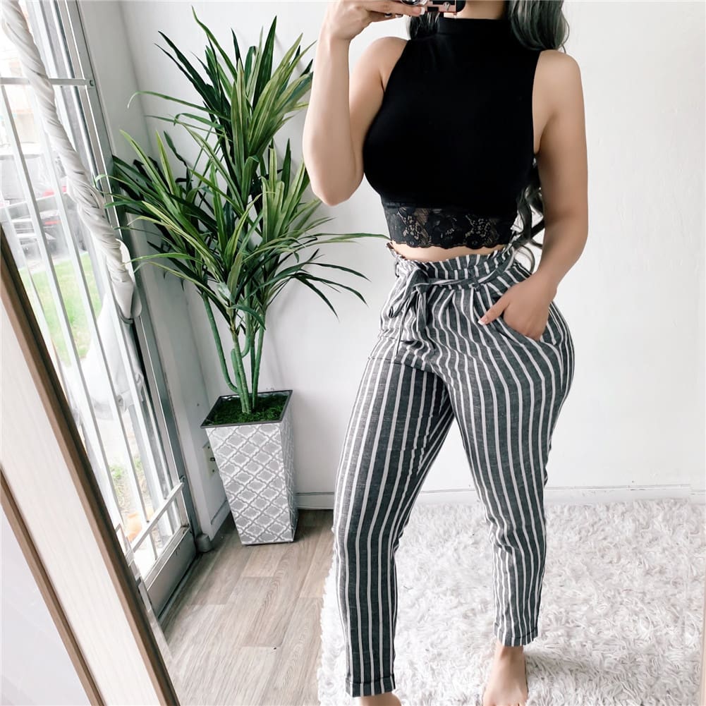 New Womens Fashion Striped Tie Waist Baggy Cotton Linen Pants OL Ladies Casual Long Trousers with Pockets