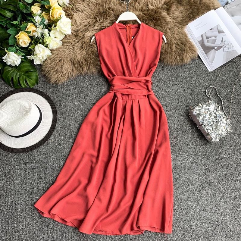 V-Neck Sleeveless Dresses French Chic Cross Drawstring Slim Waist