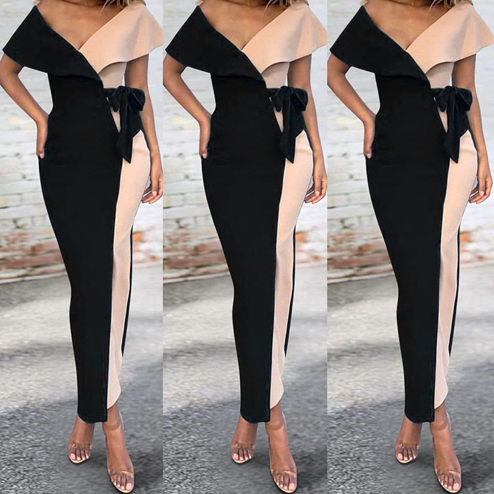 Fashion Women Sexy Deep V-Neck Splicing Prom Evening Party Elegant Ladies Summer Bodycon Casual Long Dress Plus Size